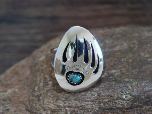 Native American Sterling Silver Turquoise Bear Paw Ring by Ervin Begay - Size...