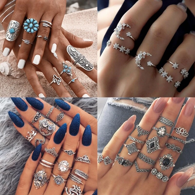 15 Pcs/set Silver Midi Finger Ring Set Vintage Punk Boho Knuckle Rings  Jewelry