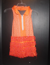 KELLE Girl's Dance Costume: One-piece Child Size M Orange Sequins Fringe Skort