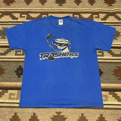 Vintage Danbury Trashers T-Shirt Men’s Large Blue Hockey Team Logo Mascot 