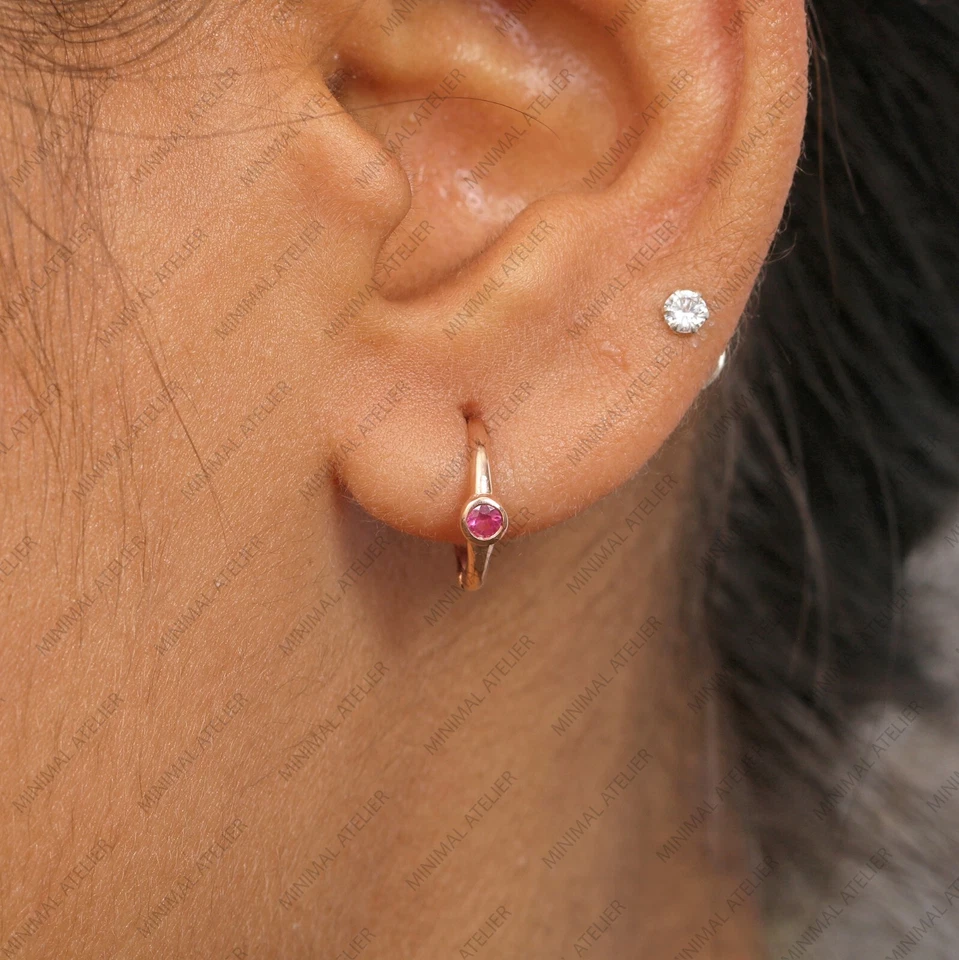 Pink Sapphire Huggies Hoops Earring Solid 14k Yellow Gold Earring, Wedding Hoop - Image 2 of 4