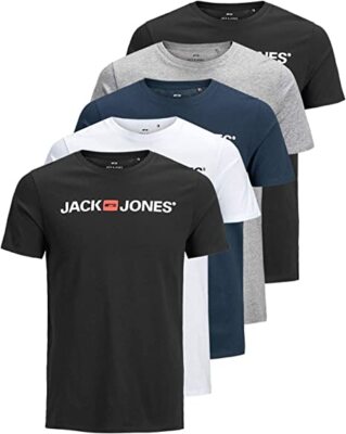 Jack & Jones 5er-Pack T-Shirt Set Herren Slim Fit Logo Print Shirt kurzarm