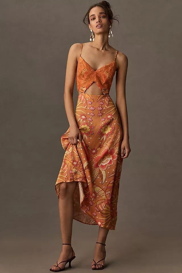 Farm Rio Cut-Out Lace Dress Anthropologie Slinky Orange Midi Tropical Size  L NEW | eBay