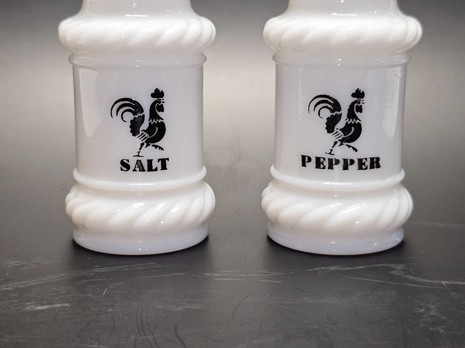 Vintage Hazel Atlas Black Rooster Milk Glass Spice Jar with Twisted Rope Salt and Pepper Shakers  