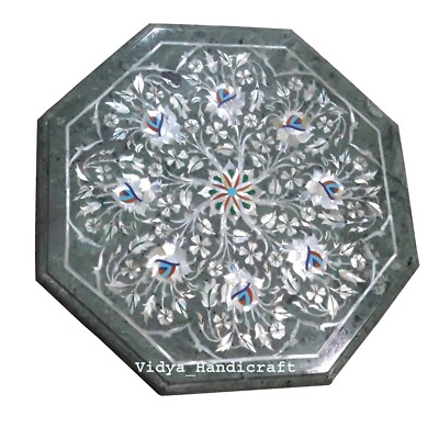 12'' Green Marble Coffee Table Top Mother Of Pearl Inlay Marquetry Art Hand Made