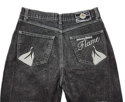 Johnny Blaze Jeans Women's Straight Leg Black Sparkle Denim Flame 9/10 (28×31)