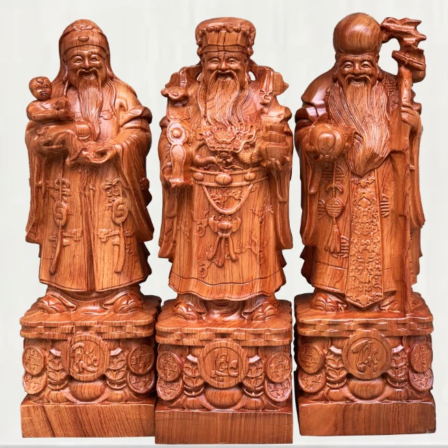 Vietnamese Solid Aromatic Wood Tam Đa Phúc Lộc Thọ Statue Height