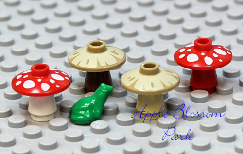 NEW Lego Lot/4 Minifig TOADSTOOL MUSHROOMS & 1 GREEN FROG - Red/White/Tan Plants - Picture 1 of 1