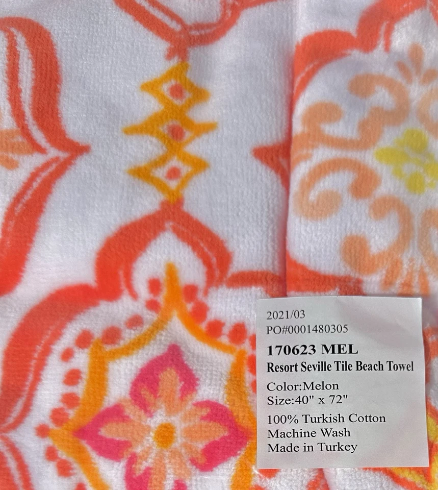 Toalla de playa Frontgate Resort Sevilla azulejo melón 40”x72” algodón turco paquete nuevo con etiquetas Foto 4 de 4