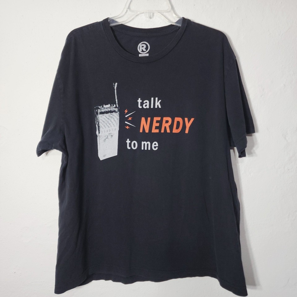 A pre-owned RadioShack 'Talk Nerdy To Me' walkie-talkie tee is peak nostalgic nerd humor from a brand that no longer exists — wearable tech grief.