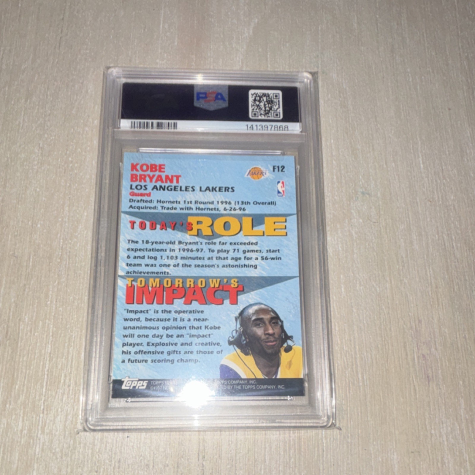 Topps 1997-98 Fantastic 15 Insert Kobe Bryant #F12 Lakers PSA 9 view 2