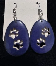 Tagua Nut Earrings Blue Paw Prints Unique Gift Handmade 100% Natural Ecuador L32