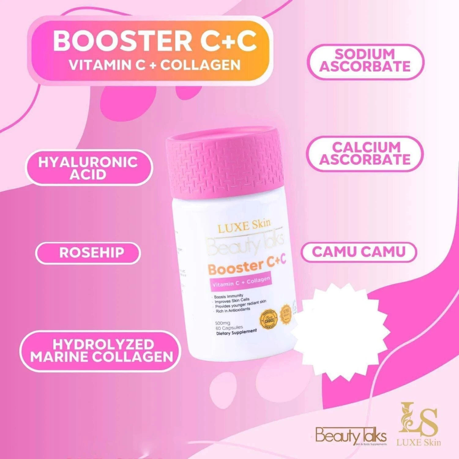 Luxe Skin Beauty Talks Booster C + C Vitamin C & Collagen, 60 Capsules.