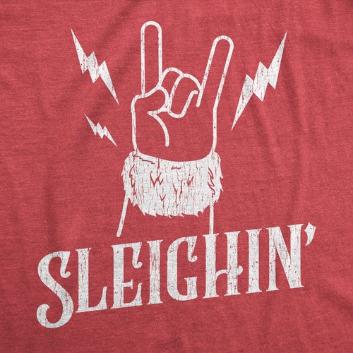 Womens Sleighin T Shirt Funny Santa Claus Christmas Rock And Roll Metal Fingers - Picture 2 of 7