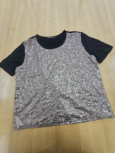 Ninie Gold Sequin Black Cotton Back Short Sleeve Crew Neck Top Shirt Size 14 L - Bild 1 von 3