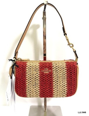 Coach Nolita 19 Straw + Leather  Stripe Wristlet Red + Tan CEM99  NWT