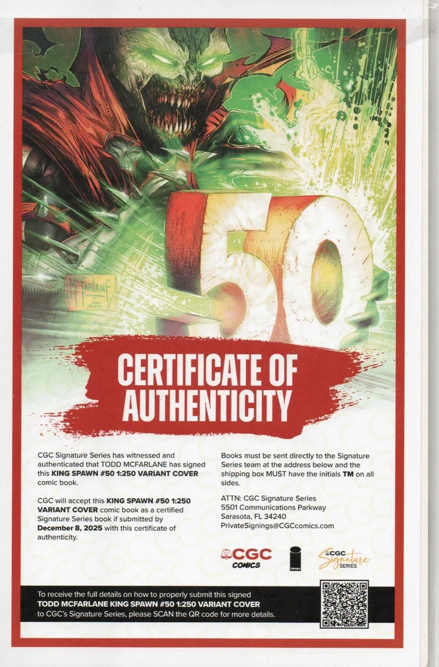 King Spawn #50 1:250 Variant B&W McFarlane Signed w/ CGC Certificate NM - Image 2 of 4