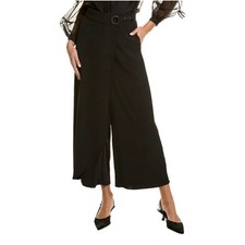 Gracia Black Crepe Crossover Wrap Buckle High-Waist Wide Leg Pant Size L NWT