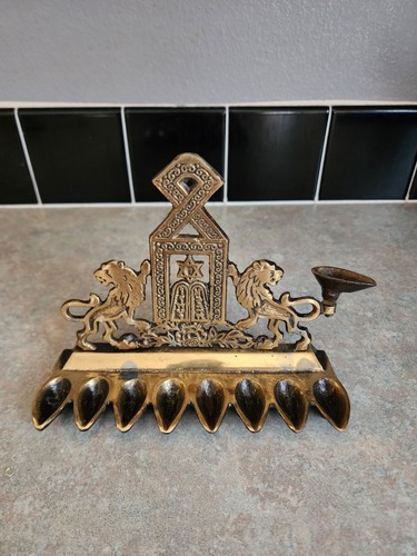 Vintage Solid Brass Hanukkah Menorah Lions Judah Doors Ten Commandments Chanukah