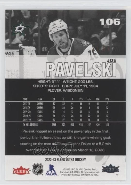 2022-23 Upper Deck Fleer Ultra Orange Foil /25 Joe Pavelski #106 - Image 2 of 2