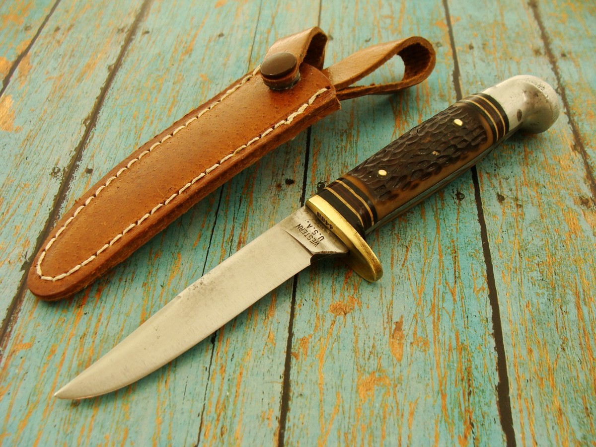 VINTAGE WESTERN BOULDER USA 648B BIRD & TROUT KNIFE JIGGED