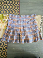 Gray Orange Plaid Pleated Short School Girl Skirt Side Zipper Women s Sz L