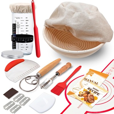Complete Sourdough Starter Kit, Banneton Bread Proofing Basket with Glass Sou...