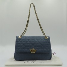 J.ESTINA H13FWH01 bloo Leather Crown Logo Gold Embellished Flap Chain Shoulder B