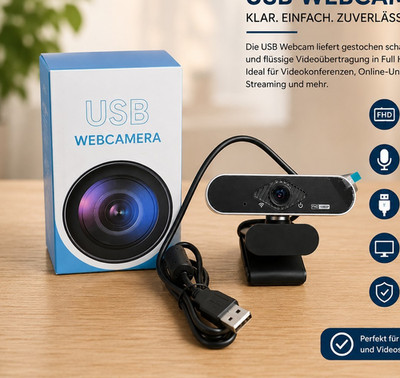USB Webcam Full HD 1920x1080, eingebautes Mikrofon, Plug & Play, Schwarz
