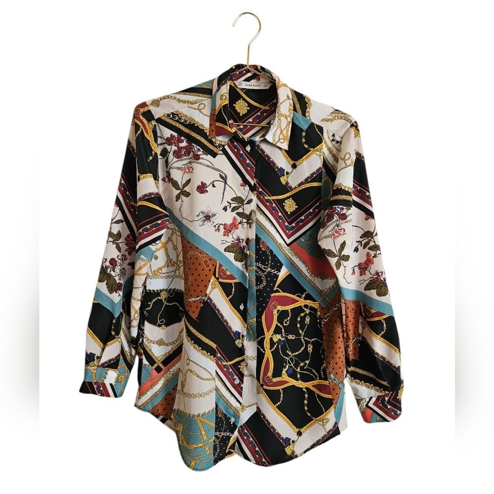 Zara Basic Chain Patchwork Scarf Flowy Blouse Siz… - image 4