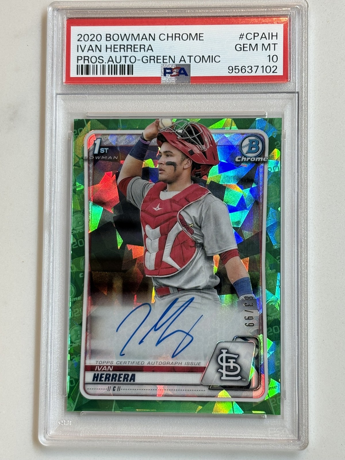 2020 1st Bowman Chrome Ivan Herrera Auto Green Atomic /99 #CPA-IH PSA 10