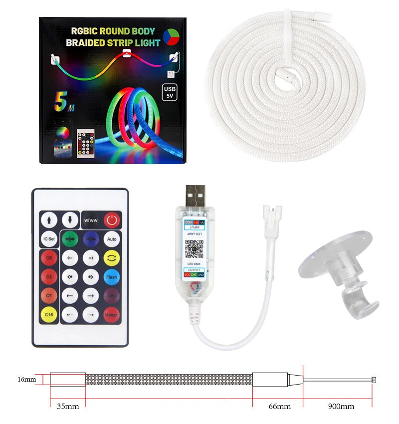 5m 360° Round RGBIC LED Neon Rope Light Strip 5V IP67 Indoor Outdoor Home Decor - Image 2 of 4