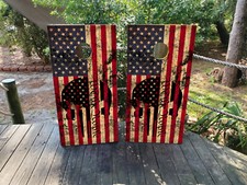 WATERPROOF  FADEPROOF Cornhole Board Wraps / Vertical USA Flag w/ Skull