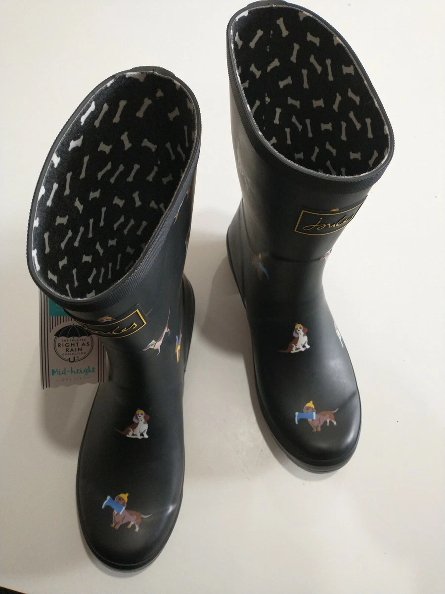 Joules Mid Rain Boots Molly Wellingtons Black Dogs Size 10