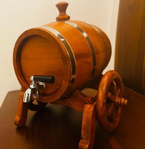 New Wine Barrel With Cart Timber Wooden Silver Tap Home Decor Free Shipping