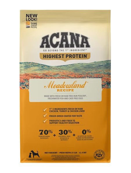 ACANA Grain Free, Highest Protein, Meadowland Dry Dog Food, 25 lbs.