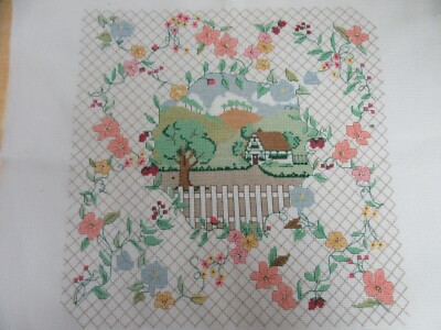 Finished Cross Stitch Cottage Scene Sampler Completed 12.5x13 Floral Vine