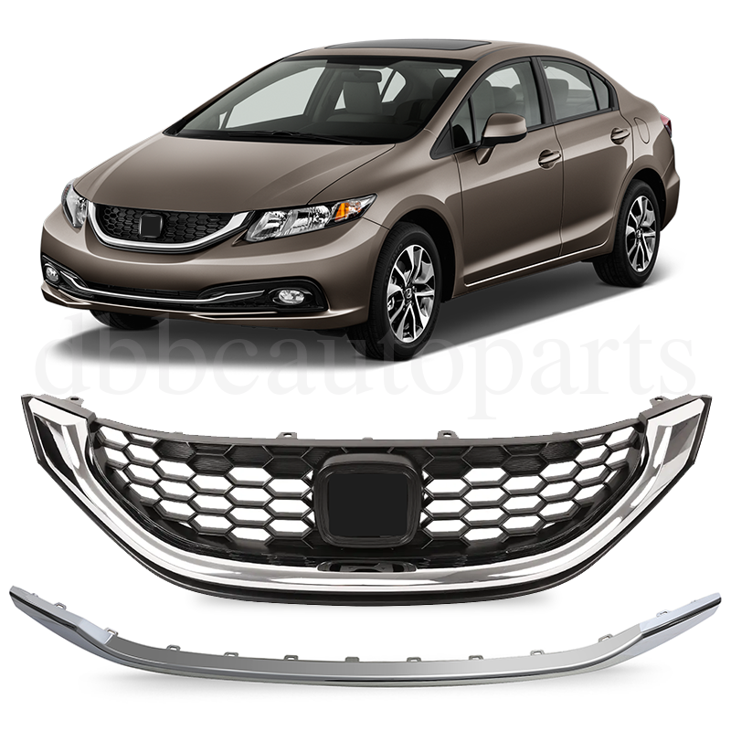 Front Bumper Upper Grille Grill Lower Chrome Trim For Honda Civic Sedan 2013-15