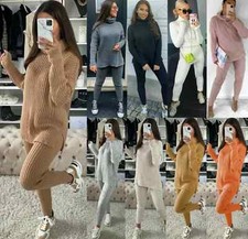 Womens Ladies Chunky Knitted High Roll Neck Top Bottom Lounge Wear Tracksuit Set
