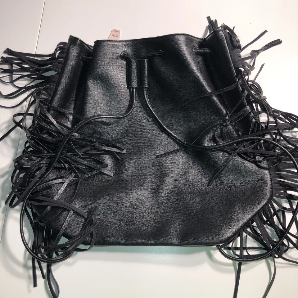 Victoria's Secret ST 11067913 Black Fringe Tassel Backpack Drawstring Purse New - Image 4 of 4