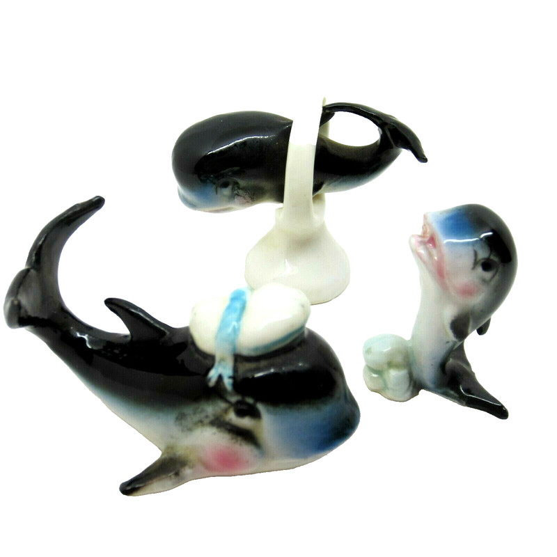 Rare Miniature Whale Set Marineland Souvenirs Ceramic 1960's Mid Century Modern 