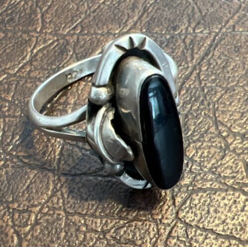 Vintage Sterlingsilber Mexiko schöner schwarzer Onyx Blatt Akzent Ring GF15 - Bild 1 von 11