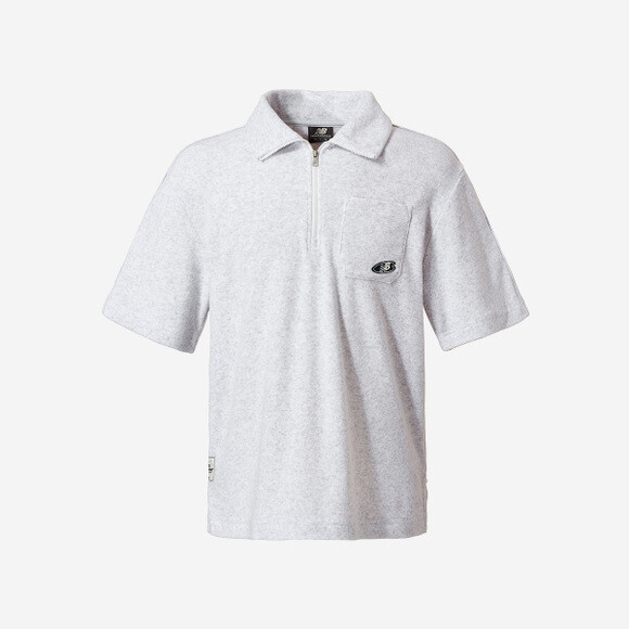 Летняя махровая футболка New Balance UNI с воротником-стойкой на молнии - Серая / NBNFEB1613