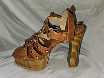Shoedazzle Ariella Dark Tan Faux Leather Straps N Studs High Heels Woman's 8.5