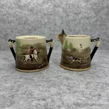 Vintage Marutomoware Fox Hunt Ceramic Sugar & Cream Set Pitcher Jar Crazing Rare