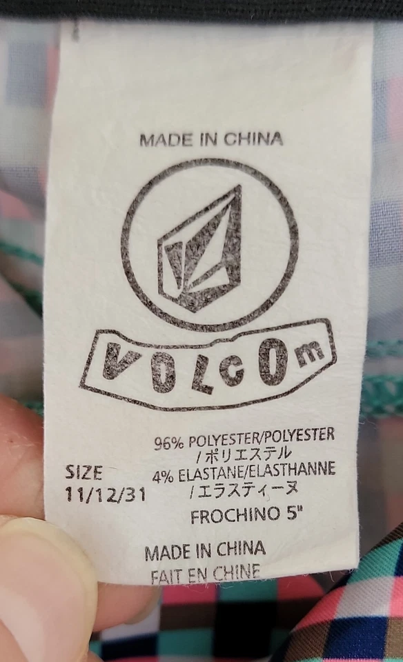 Volcom Beach Shorts Multicolor Check Print Hip Pockets Hook Loop Closure Sz 11 - Image 3 of 4