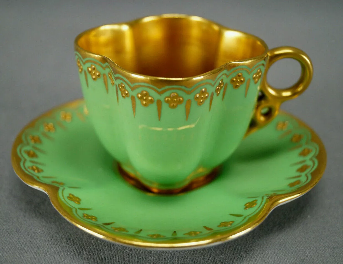 Antique Coalport Green & Gold Beaded Gold Interior Quatrefoil Cup