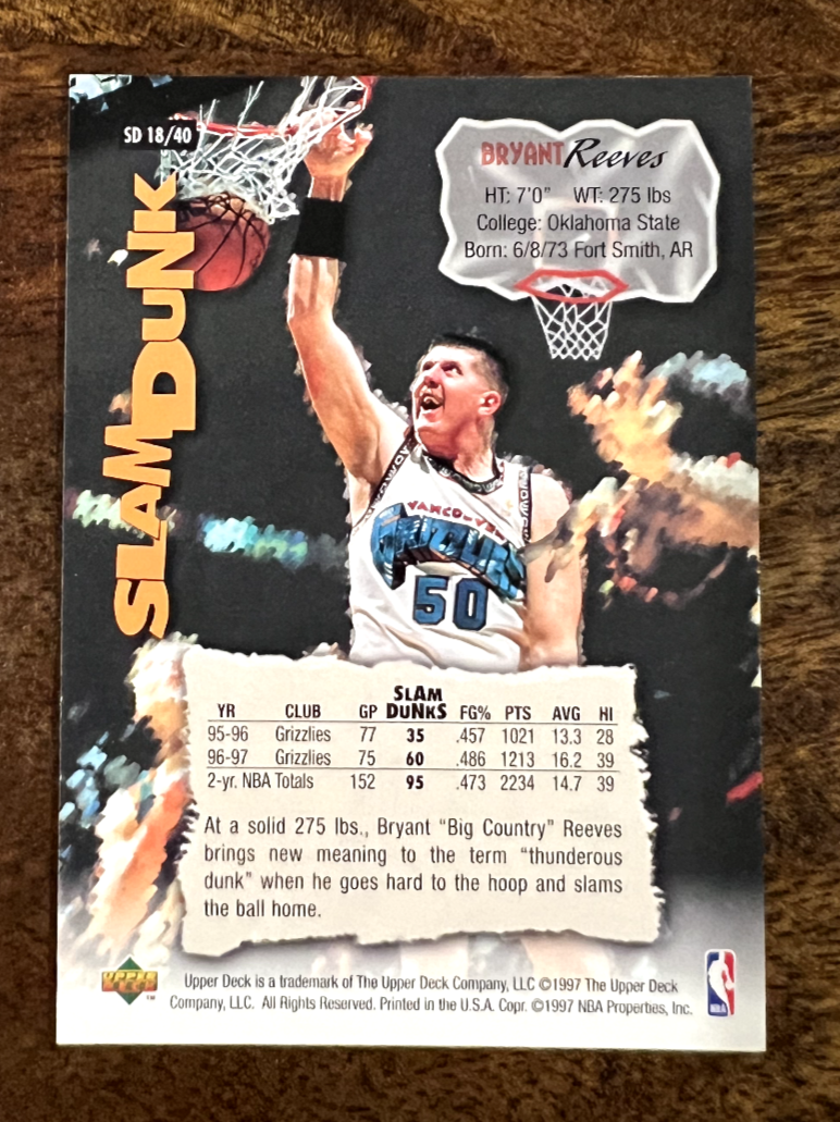 BRYANT reeves　NBA　プロバスケットボール　トレーディングカード 1996-97 NBA HOOPS - BRYANT REEVES GRIZZLES ROOKIE #289 | eBay