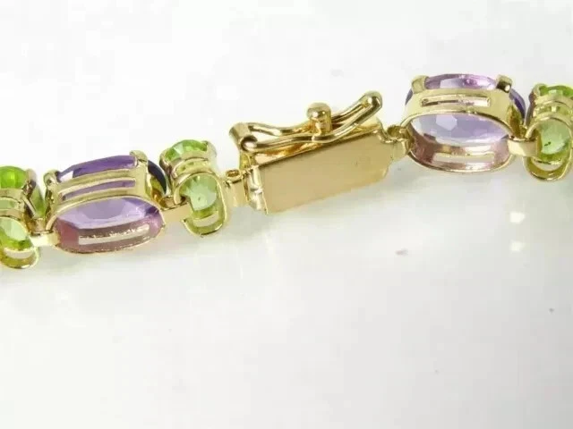 Women's Tennis Bracelet 12Ct Lab Created Amethyst Peridot 14K Yellow Gold Plated - Image 3 of 4