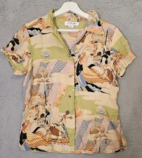 Citron Santa Monica Shirt Womens Silk Button Up Asian All Over Print Size M 